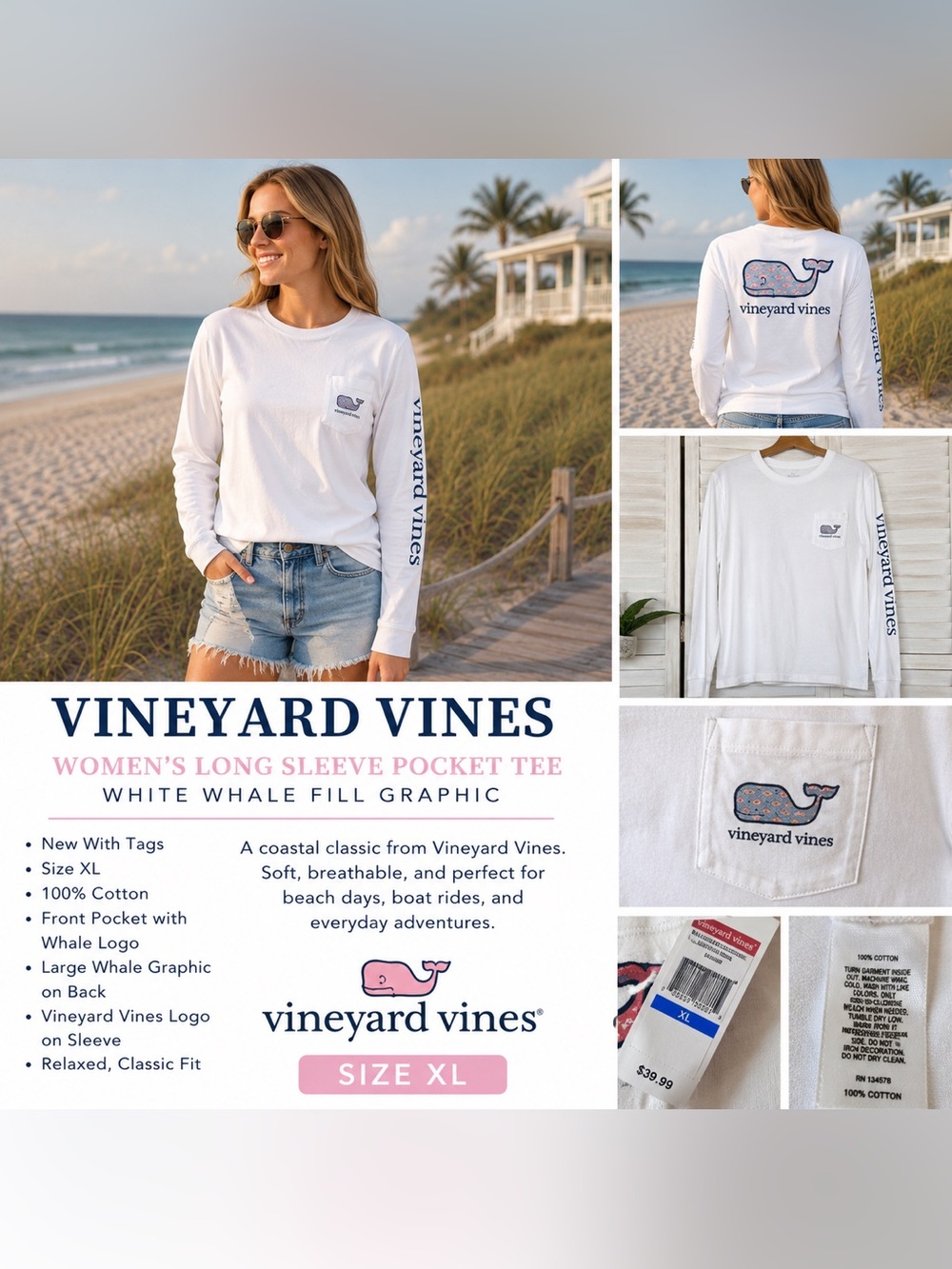 Vineyard Vines XL Long Sleeve Pocket Tee White Whale  Graphic NWT 100% Cotton